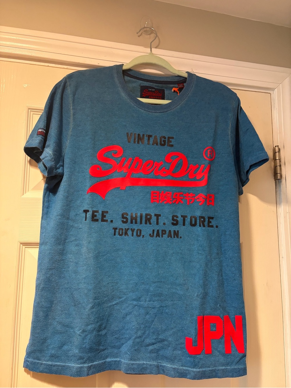 Superdry Blue Tee with Red Logo & JPN Detail